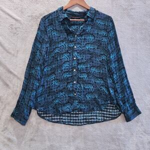 Jane And Delancey Blue Zabra Gingham Print Button Up Blouse Size Large Beach